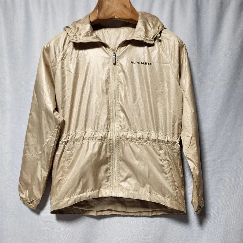 womens ALPHALETE‎ Windbreaker Jacket Beige full-zip Hooded cinch waist XS